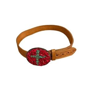 Carved Ornate Leather Genuine COWHIDE BELT w/Stone Buckle Large Made In TX, USA